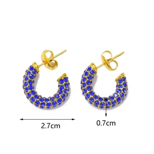Gold plated C-shaped hoop earrings with blue cubic zirconia stones and 2.7cm diameter