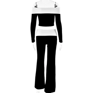 Back view of slim fit off-shoulder long sleeve top and high waist flared pants set