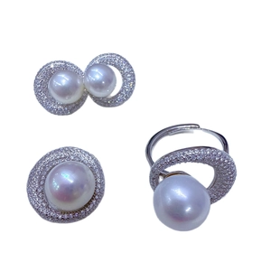 Elegant S925 silver jewelry set with white pearls and micro-pave crystals