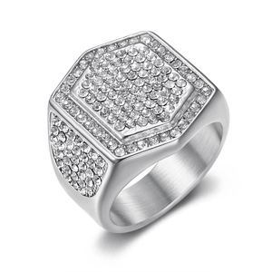 Luxurious hip hop men's signet ring in silver finish with full micro-pave crystals
