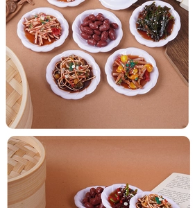 Detailed macro view of five assorted 8cm miniature Chinese food cold dish models