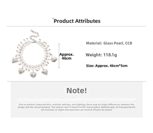 Double-layer faux pearl necklace with silver heart pendants and size specifications
