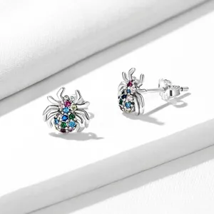 S925 sterling silver spider stud earrings with colorful cubic zirconia stones