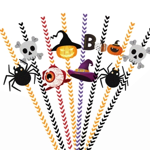 24pcs Halloween paper straws with skull spider and pumpkin motifs on chevron patterns