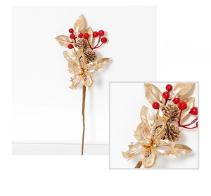 Detail of festive artificial red berry stems with golden leaves and pine cones for Christmas