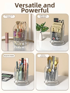 Detailed multi-scene use of rotating makeup brush holder for cosmetics and stationery