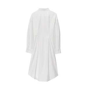 Elegant white cotton long-sleeved shirt dress with asymmetric waist and back tailoring