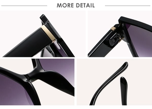 Detailed views of square sunglasses featuring golden hinges and purple gradient lenses