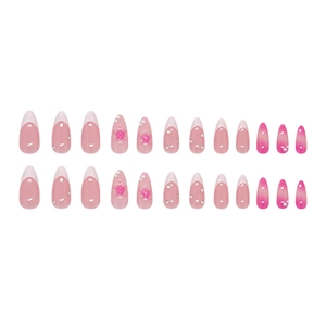 Faux ongles French manucure avec perles, cristaux et dégradé rose, 24 pièces