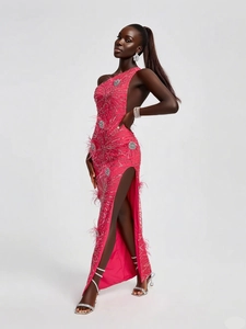 Detail of rose pink evening dress with silver sequins, beads, and feather accents