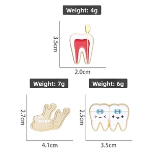 Three medical dental enamel pins set showing molar, jaw model and cartoon tooth with braces