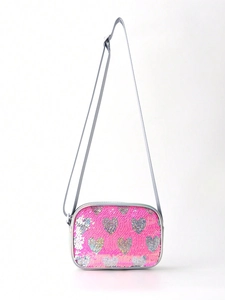 Fashionable PU crossbody bag with pink heart sequins and silver hardware on white background