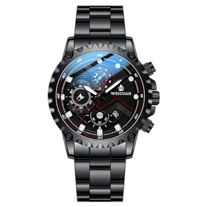 All-black stainless steel multifunctional sports watch with chronograph and date features