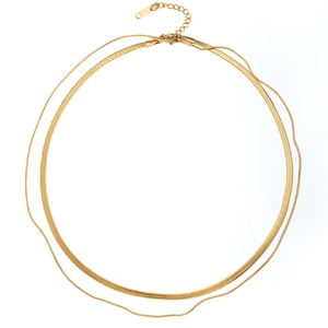 Double-layered golden stainless steel necklace with flat snake chain and thin link chain