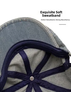 Close-up of soft cotton sweatband on denim beret showing stitching and texture