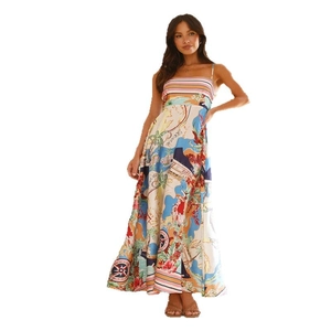 Summer high waist maxi dress with colorful nautical print and elegant spaghetti straps