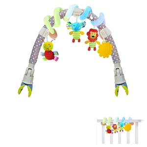 Detail of baby stroller arch with hanging plush bee elephant lion and sun toys