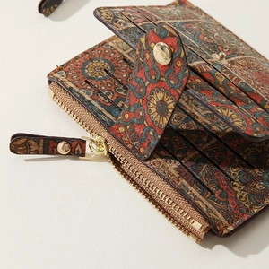 Slim cork wallet for women featuring colorful mosaic patterns and multiple card slots