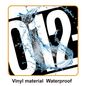 Close-up of waterproof vinyl numbered stickers with water splashing effect