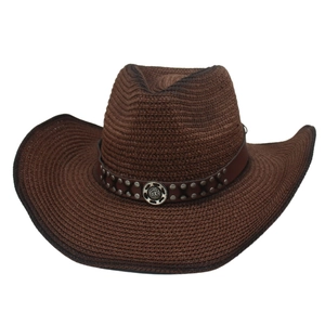 Dark brown western cowboy straw hat with leather band and vintage totem badge detail