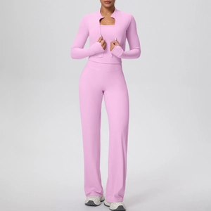 Ensemble de yoga rose 3 pièces avec veste zippée, débardeur et pantalon droit taille haute