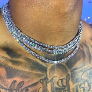 Mens hip hop 5mm silver tennis chain necklace with zircon stones on model neck