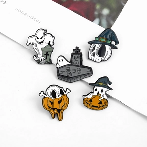 5-piece Halloween enamel pin set featuring cute pumpkin, ghost and spooky coffin designs