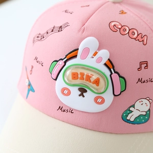 Pink and white kid's baseball cap featuring 3D bunny with music and guitar graphics