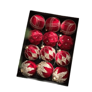 12pcs Christmas ball ornaments set with red velvet and gold glitter in a black gift box
