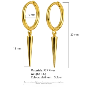Detailed size specifications of 925 silver gold spike drop earrings with dimensions