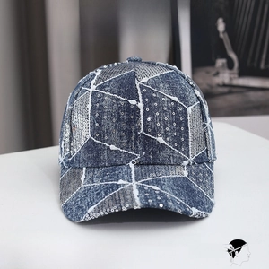 Denim blue baseball cap with sequins and stripes for women, fits size 57-58cm
