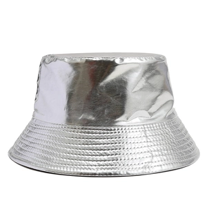 Silver metallic bucket hat for adults with shiny finish and reinforced brim for sun protection
