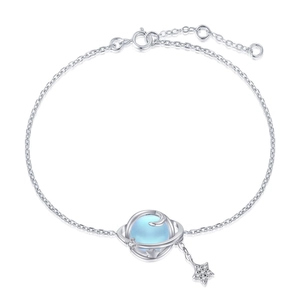 Elegant S925 sterling silver star and moon bracelet with translucent light blue stone