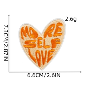 Detail of More Self Love heart embroidery patch with precise size and weight measurements
