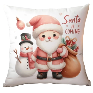 Pink Santa and snowman Christmas plush pillow cover with festive holiday print