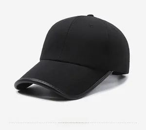 Side view of black baseball cap with premium leather binding brim and breathable eyelets