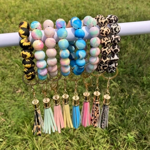 Silicone Bead Bracelet Keychain Wristlet With Wooden Bead And PU Leather Tassel Leopard Print Sunflower Pattern For Women