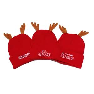 Christmas Antler Knitted Hat Red Acrylic Winter Beanie With German Letter Embroidery Festival Party For Women Adults