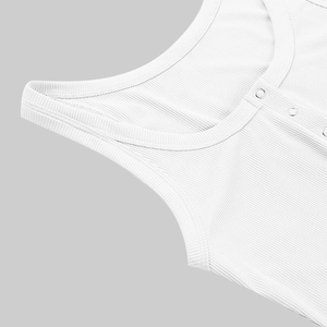Close-up of white ribbed tank top featuring button-up Henley neckline and fabric texture