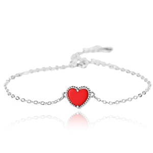 Elegant S925 sterling silver chain bracelet with a red enamel heart pendant on white background