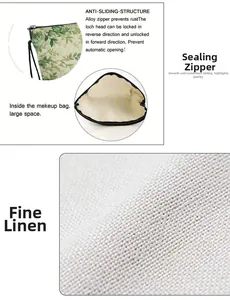 Detail of leaf print linen pouch showing anti-slip alloy zipper and internal storage