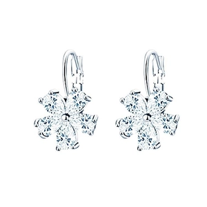 Elegant silver flower earrings with five teardrop-shaped zircons for women