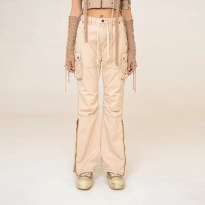 Women High Waist Cargo Pants Cotton Flared Multi-Pocket Zipper Hem Streetwear Casual Long Trousers Solid Wheat Color