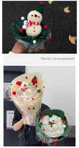 Detail of Christmas snowman flower bouquet with knit hat, scarf and berries