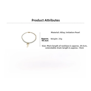 Detail showing pearl bow necklace dimensions 39.5cm length with 10cm extender chain