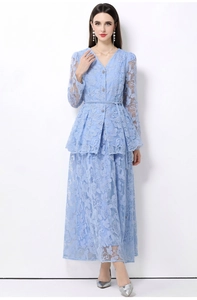 Detail of light blue lace dress featuring floral embroidery and V-neckline button closure