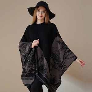 Elegant thick knit shawl with deer forest scenery pattern in black and grey tones