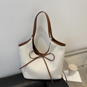 Women Large Capacity Tote Bag Herringbone Fabric PU Leather Trim Bow Decor Commuter Shoulder Handbag Casual