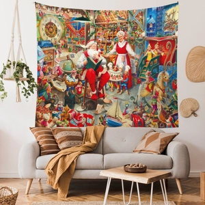 Detailreicher Weihnachts-Wandteppich mit Weihnachtsmanns Werkstatt in Boho-Wohnzimmer-Deko
