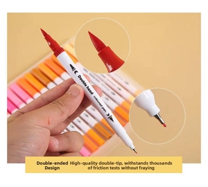 Detail of dual-tip watercolor marker showing brush and fine nibs for artistic drawing